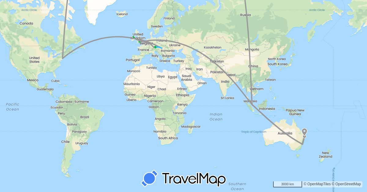 TravelMap itinerary: driving, bus, plane, boat in Austria, Australia, Germany, United Kingdom, Hungary, Ireland, Singapore, Slovakia, United States (Asia, Europe, North America, Oceania)