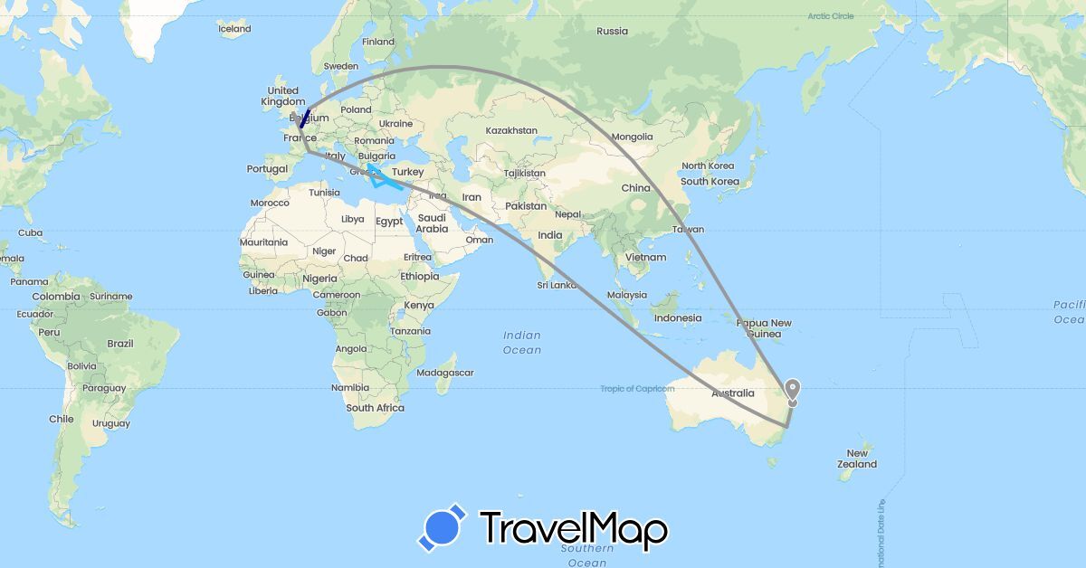 TravelMap itinerary: driving, plane, boat in Australia, Cyprus, France, United Kingdom, Greece, Netherlands, Turkey (Asia, Europe, Oceania)